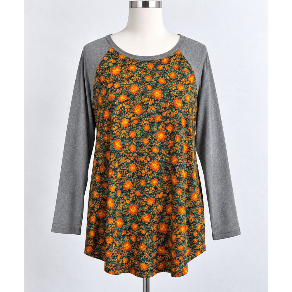 LuLaRoe Randy Womens 3XL Gray Orange Floral Raglan Baseball Tee Top NWT